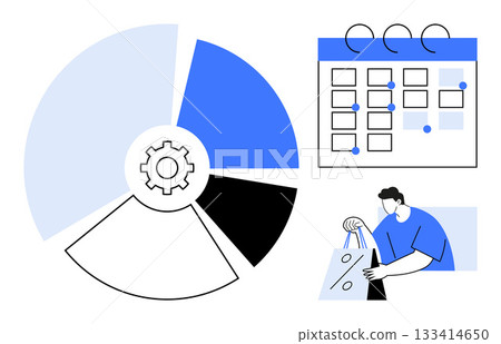 Pie chart with a gear in the center, a calendar with dot events, and a person carrying shopping bags. Ideal for business reports, scheduling, planning, productivity, shopping analysis, event 133414650