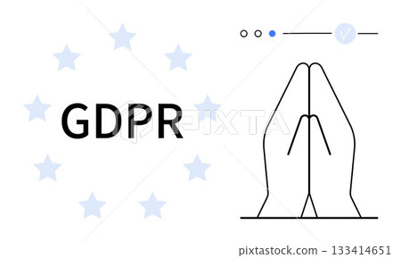 GDPR letters surrounded by stars next to praying hands icon, representing hope and compliance. Ideal for data protection, security measures, legal frameworks, privacy, encryption, regulation 133414651