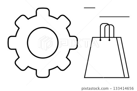 Gear representing technology next to shopping bag suggesting e-commerce. Ideal for online shopping, digital enterprise, retail innovation, technological integration, business development, modern 133414656