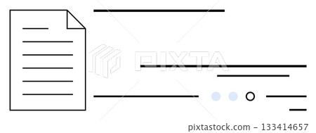 Paper document with text lines next to various horizontal lines and three blue dots and a circle. Ideal for document processing, communication flow, office tasks, digital content, organization 133414657