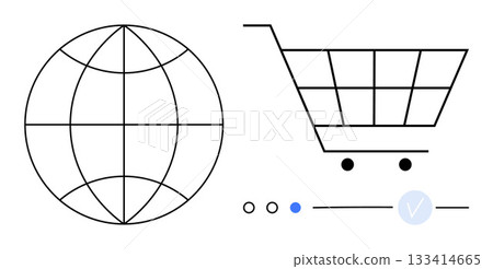 Globe and shopping cart visuals next to selection dots and checkmark. Ideal for global business, e-commerce, online shopping, digital marketing, global trade, consumer behavior. Line metaphor 133414665