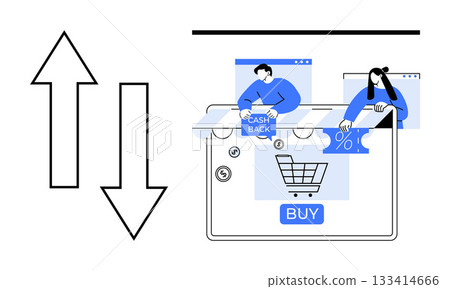 Digital storefront with two buyers, shopping cart icon, and discount symbol. Ideal for e-commerce, online shopping, digital marketing, retail, sales promotion, consumer behavior technology trends 133414666