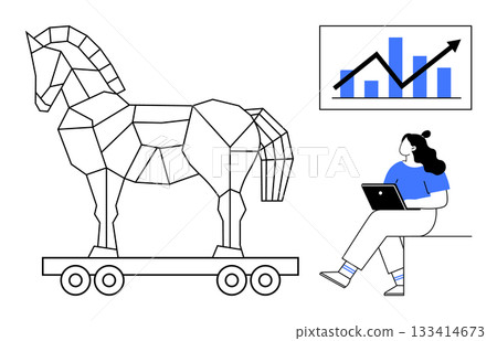 Woman with laptop, large geometric Trojan horse on wheels, chart with upward arrow and bars. Ideal for cyber security, tech innovation, business growth, strategy planning, data analysis, education 133414673