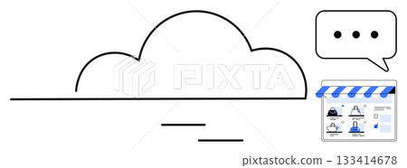 Cloud shape connected to app store interface and chat bubble representing cloud computing, app integration, communication, data sharing, teamwork, collaboration, and digital workflows. Line metaphor Cloud shape connected to app store interface and chat bubble representing cloud computing, app integration, communication, data sharing, teamwork, collaboration, and digital workflows. Line metaphor 133414678