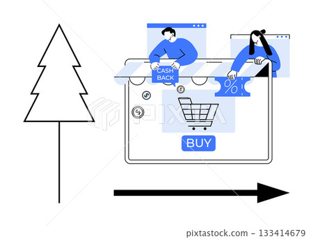 Two people are using a website for online shopping with discount offers, surrounded by holiday elements thumbs up a tree and directional arrow. Ideal for marketing, holiday sales, cashback offers Two people are using a website for online shopping with discount offers, surrounded by holiday elements thumbs up a tree and directional arrow. Ideal for marketing, holiday sales, cashback offers 133414679