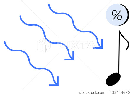 Blue arrows curving downwards towards a musical note character with a percentage symbol head. Ideal for financial themes, statistics, music, trends, market analysis, economic downturn, visual Blue arrows curving downwards towards a musical note character with a percentage symbol head. Ideal for financial themes, statistics, music, trends, market analysis, economic downturn, visual 133414680