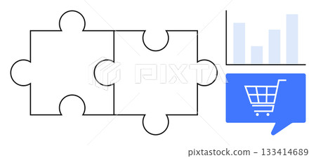 Two interlocking puzzle pieces symbolizing integration, bar chart representing analytics, and blue shopping cart icon denoting e-commerce. Ideal for business strategy, data analysis, e-commerce Two interlocking puzzle pieces symbolizing integration, bar chart representing analytics, and blue shopping cart icon denoting e-commerce. Ideal for business strategy, data analysis, e-commerce 133414689