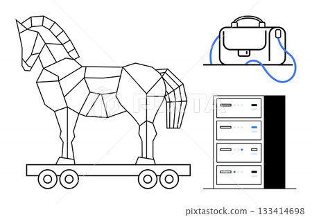 Geometric Trojan horse on wheels, a briefcase with a USB plug, and a server rack. Ideal for cybersecurity, data protection, computer viruses defense, tech security, hacking, IT services, and network Geometric Trojan horse on wheels, a briefcase with a USB plug, and a server rack. Ideal for cybersecurity, data protection, computer viruses defense, tech security, hacking, IT services, and network 133414698