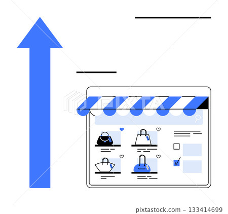 E-commerce website storefront showcasing handbags with a prominent blue upward arrow symbolizing growth. Ideal for online shopping, digital marketing, business growth, retail sales, entrepreneurship 133414699