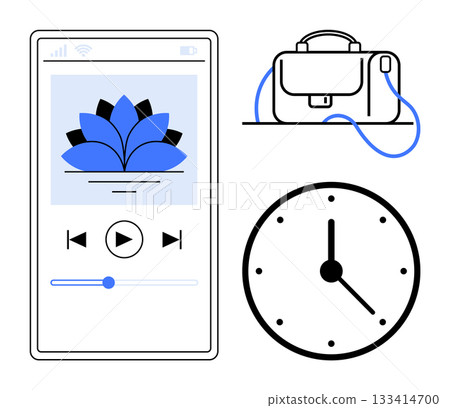 Smartphone music player screen with lotus icon, leather briefcase with strap, and analogue clock at 300. Ideal for work-life balance, productivity, time management, mobile apps, office culture Smartphone music player screen with lotus icon, leather briefcase with strap, and analogue clock at 300. Ideal for work-life balance, productivity, time management, mobile apps, office culture 133414700