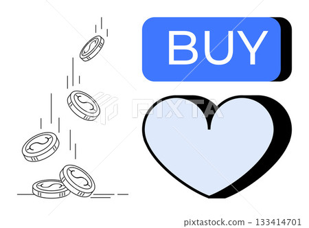 Coins falling, large blue Buy button, and heart symbol representing consumer purchasing decisions. Ideal for e-commerce, online shopping, finance, consumer behavior, digital marketing, sales Coins falling, large blue Buy button, and heart symbol representing consumer purchasing decisions. Ideal for e-commerce, online shopping, finance, consumer behavior, digital marketing, sales 133414701