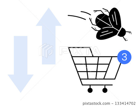 Shopping cart with a 3 notification badge, large flying insect, and blue up and down arrows indicating change. Ideal for retail, e-commerce, alerts, inventory updates, changes, consumer behavior Shopping cart with a 3 notification badge, large flying insect, and blue up and down arrows indicating change. Ideal for retail, e-commerce, alerts, inventory updates, changes, consumer behavior 133414702