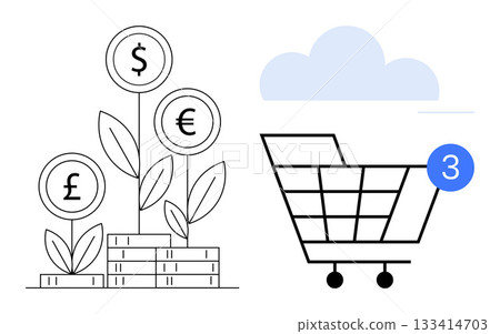 Shopping cart with notification beside plants with currency symbols on coins. Ideal for finance, online shopping, e-commerce, investment, digital marketing, banking, economic growth. Line metaphor Shopping cart with notification beside plants with currency symbols on coins. Ideal for finance, online shopping, e-commerce, investment, digital marketing, banking, economic growth. Line metaphor 133414703
