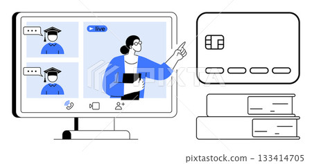 Instructor on a live video webinar pointing at a screen with graduates, a credit card, and stacked books. Ideal for online learning, virtual classes, e-commerce, digital education, finance, webinars 133414705