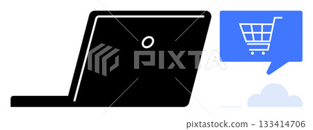 Laptop with blue speech bubble containing shopping cart icon. Ideal for e-commerce, online shopping platforms, digital marketing, technology, retail, business presentations, website design. Line 133414706