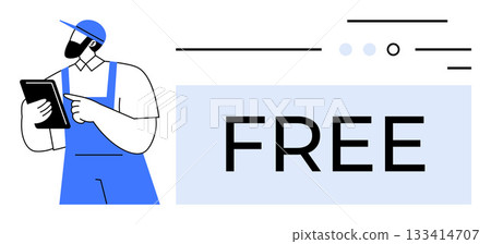 Worker in blue uniform and cap uses digital tablet near large FREE sign with abstract geometric elements. Ideal for promotions, advertisements, tech interfaces, workforce management, software trials 133414707