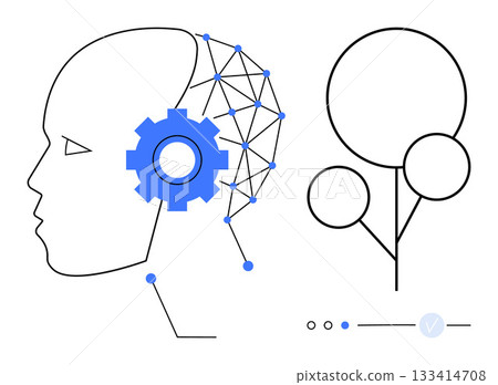 Human head profile with blue gear and network connected system next to abstract tree design. Ideal for technology, nature, innovation, artificial intelligence, science, futurism, and connectivity Human head profile with blue gear and network connected system next to abstract tree design. Ideal for technology, nature, innovation, artificial intelligence, science, futurism, and connectivity 133414708