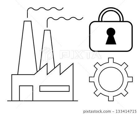 Factory building with two smokestacks, security lock icon, and cogwheel. Ideal for manufacturing, security, industrial safety, efficiency, engineering production processes automation. Line metaphor Factory building with two smokestacks, security lock icon, and cogwheel. Ideal for manufacturing, security, industrial safety, efficiency, engineering production processes automation. Line metaphor 133414715