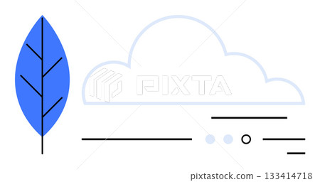 Blue leaf and faint blue cloud with minimalistic black line elements. Ideal for eco-awareness, environment topics, weather apps, minimalist design branding, nature themes, app icons, educational 133414718