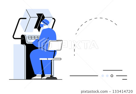Worker in protective gear operates a machine control panel. Ideal for technology, industrial automation, manufacturing processes, safety protocols, technical training, factory operations 133414720