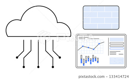 Cloud computing icon with connected lines, data analytics dashboard displaying charts, and firewall representation. Ideal for IT, cloud storage, data analysis, cybersecurity, technology, business 133414724