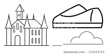 Detailed line drawing of a castle with tall spires beside a large slipper and a cloud outline. Ideal for childrens stories, fairy tales, fantasy themes, posters, book illustrations, teaching 133414725
