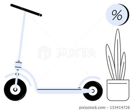 Electric scooter beside a potted plant and percentage sign representing green commuting and savings. Ideal for sustainable transport, eco-friendly commuting, urban mobility, modern lifestyle 133414726