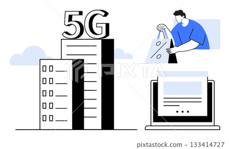 Urban buildings with 5G signal, person shopping with bags, computer screen open on website. Ideal for technology, e-commerce, urban infrastructure, telecommunications, remote work, online shopping 133414727