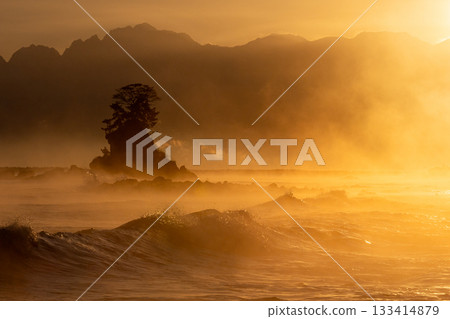 Golden shining waves and Onnaiwa Rock 133414879