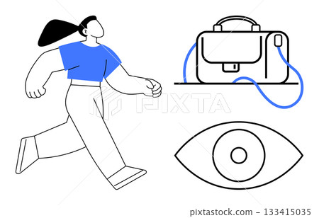 Person walking with handbag strap flowing, surrounded by an eye icon and a handbag. Ideal for travel themes, personal growth, observation, fashion, mobility, security, adventure. Line metaphor Person walking with handbag strap flowing, surrounded by an eye icon and a handbag. Ideal for travel themes, personal growth, observation, fashion, mobility, security, adventure. Line metaphor 133415035