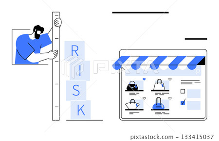 Person measuring risk blocks with a ruler, online store interface displaying products. Ideal for business analysis, ecommerce, risk management, statistics, strategy planning, digital marketing 133415037