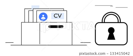 Documents with CVs in organizer next to padlock. Ideal for data security, privacy policies, recruitment processes, HR management, confidentiality agreement, personal information protection, secure 133415042