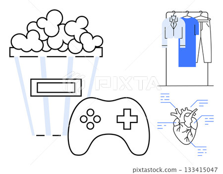 Popcorn bucket, game controller, heart diagram, and clothing on rack. Ideal for entertainment, gaming, health, education fashion lifestyle and retail. Line metaphor 133415047