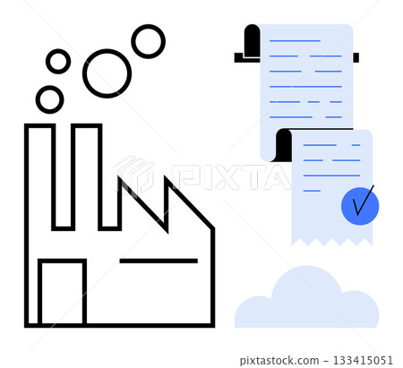 Factory with smoke stacks alongside a checklist on rolled paper. Ideal for themes like quality control, industrial compliance, workplace safety, manufacturing standards, and environmental impact Factory with smoke stacks alongside a checklist on rolled paper. Ideal for themes like quality control, industrial compliance, workplace safety, manufacturing standards, and environmental impact 133415051