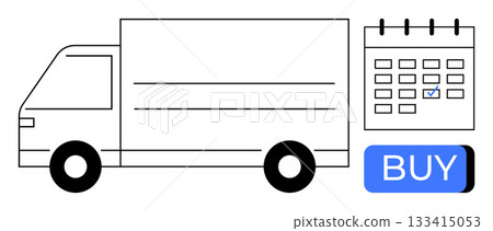 Delivery truck next to a calendar with a marked date and a buy button. Ideal for e-commerce, online shopping, delivery services, logistics, time management, booking systems, planning. Line metaphor 133415053