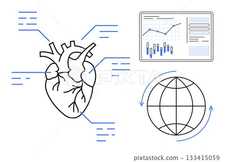 Anatomical heart diagram with connecting lines to data charts and globe, illustrating health analytics. Ideal for medical research, healthcare technology, global health, data analysis, cardiology 133415059