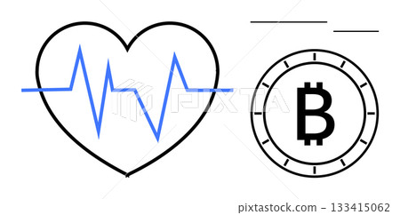 Heart shape with blue EKG line next to a Bitcoin symbol coin. Ideal for healthcare, crypto finance, investment, technology, digital economy, fintech, innovation themes. Line metaphor 133415062