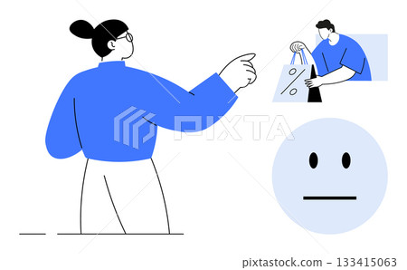 Female shopper pointing forward, man holding shopping bag, and neutral emoticon on white background. Ideal for consumer behavior, shopping, e-commerce, customer service, retail, minimalistic design 133415063