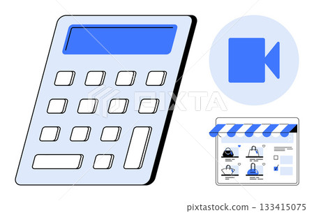 Calculator with blue display, video camera icon, and online store interface. Ideal for finance, education, e-commerce, technology, remote work online services media content. Line metaphor Calculator with blue display, video camera icon, and online store interface. Ideal for finance, education, e-commerce, technology, remote work online services media content. Line metaphor 133415075