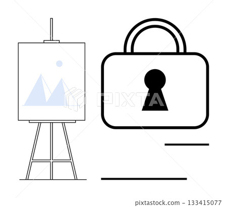 Easel with canvas showing geometric shapes next to a large padlock. Ideal for themes of creativity, security, privacy, art, intellectual property, innovation, protection. Line metaphor Easel with canvas showing geometric shapes next to a large padlock. Ideal for themes of creativity, security, privacy, art, intellectual property, innovation, protection. Line metaphor 133415077