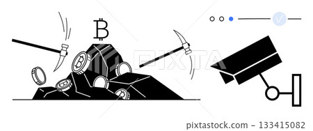 Pickaxes striking a pile of coins with a Bitcoin symbol. Surveillance camera observing. Ideal for cryptocurrency, security, mining, technology education, finance, data privacy, and risk management Pickaxes striking a pile of coins with a Bitcoin symbol. Surveillance camera observing. Ideal for cryptocurrency, security, mining, technology education, finance, data privacy, and risk management 133415082