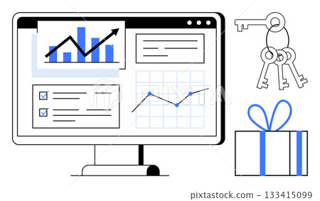 Computer monitor displaying bar and line graphs, checklists, and data charts. Nearby keys and a gift box. Ideal for business analytics, progress tracking, goal setting, rewards, key insights Computer monitor displaying bar and line graphs, checklists, and data charts. Nearby keys and a gift box. Ideal for business analytics, progress tracking, goal setting, rewards, key insights 133415099
