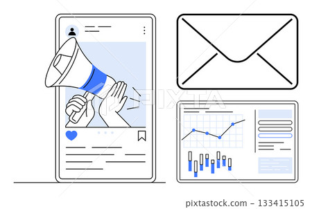 Digital marketing concept with social media post featuring megaphone, email icon, and analytics dashboard. Ideal for marketing, communications, business strategy, social media management, email 133415105