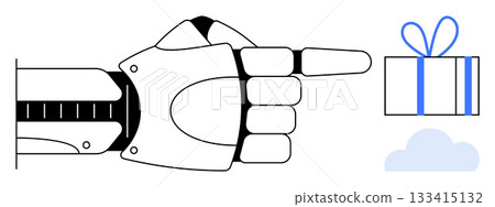 Robotic hand pointing towards a wrapped gift box with a blue ribbon and bow above a cloud element. Ideal for technology, automation, gifting, futuristic concepts, innovation, robotics, holidays. Line 133415132