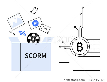 Two distinct elements involving digital innovation. A box labeled SCORM with multimedia icons and a symbol representing Bitcoin. Ideal for online learning, digital content, blockchain, modern 133415163