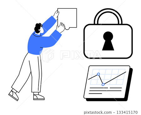 Person lifting a square, large lock with keyhole, and a graph on a screen. Ideal for cybersecurity, data analysis, privacy protection, technology, business security, digital safety online Person lifting a square, large lock with keyhole, and a graph on a screen. Ideal for cybersecurity, data analysis, privacy protection, technology, business security, digital safety online 133415170