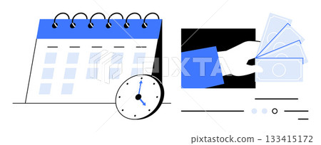 Calendar, clock with hands pointing at specific time, and human hand holding paper money. Ideal for business, finance, time management, scheduling, planning, budgeting, and deadlines. Line metaphor 133415172