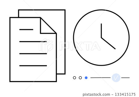 Documents beside a clock represent time management and task completion. Ideal for productivity tools, office applications, time tracking, task management, efficiency, organization, deadlines. Line 133415175