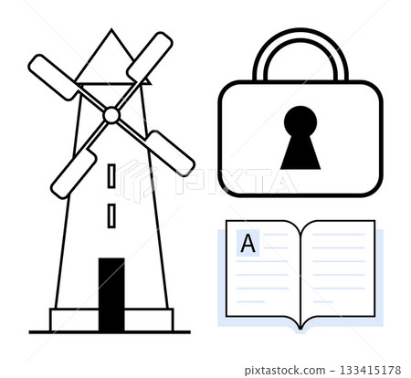 Windmill, padlock with keyhole, and open book with letter A. Ideal for renewable energy, security, education, sustainable technology, privacy environmental science digital learning. Line metaphor 133415178