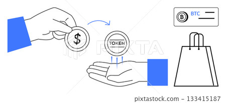 Two hands exchanging dollar coin for token, with Bitcoin card and shopping bag nearby. Ideal for cryptocurrency, e-commerce, investments, fintech, digital transactions, tokenization blockchain. Line 133415187